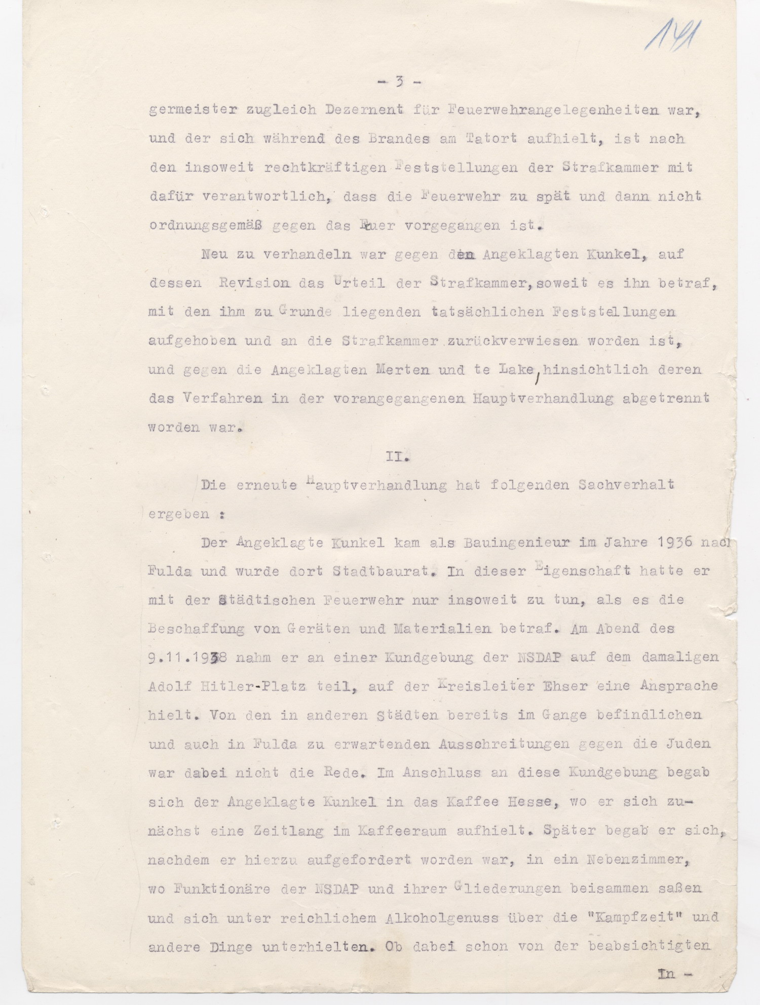 Urteil des Landgerichts Kassel in der Strafsache wegen der Brandstiftung der Synagoge in Fulda im November 1938, Fulda, 15. Juni 1950