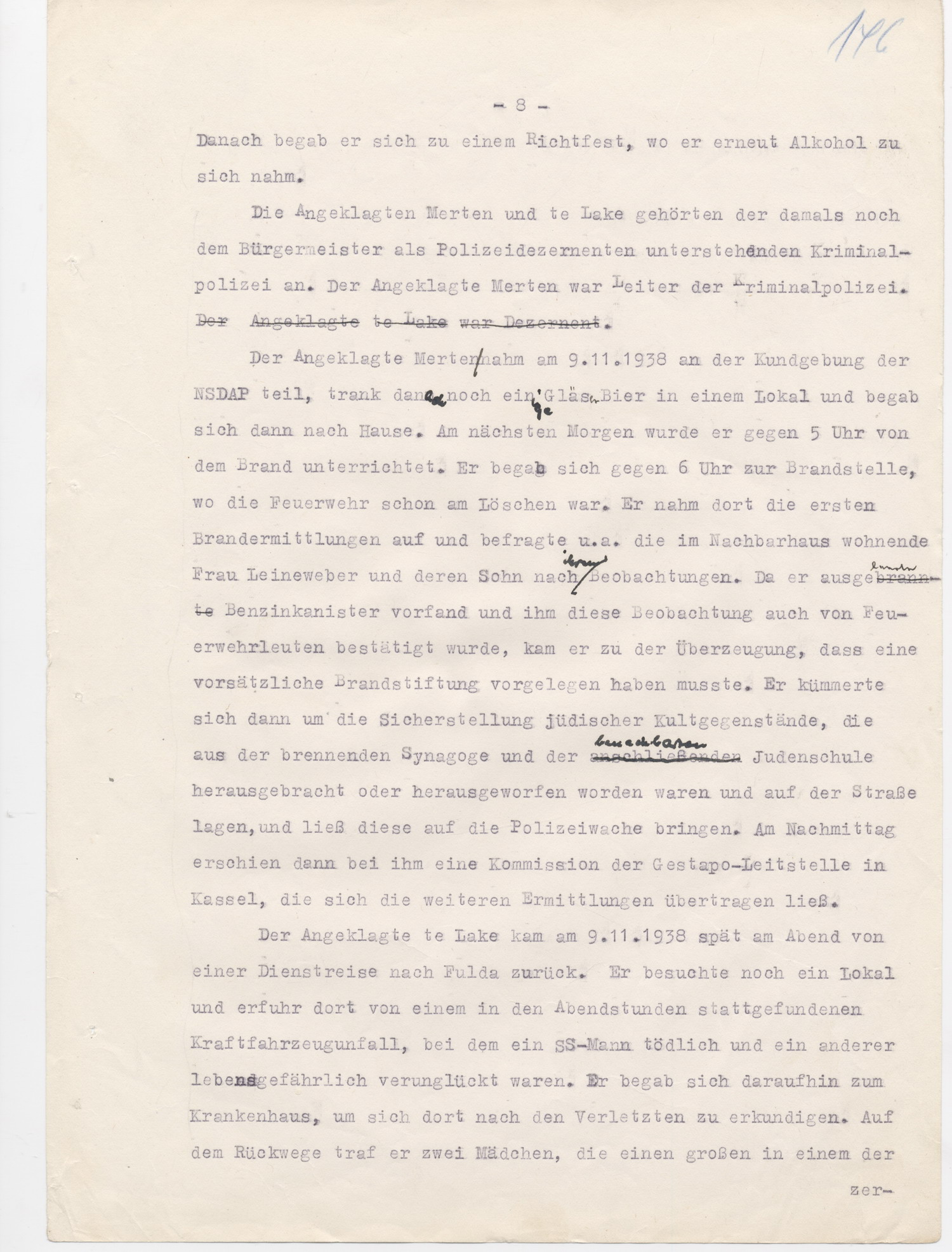 Urteil des Landgerichts Kassel in der Strafsache wegen der Brandstiftung der Synagoge in Fulda im November 1938, Fulda, 15. Juni 1950