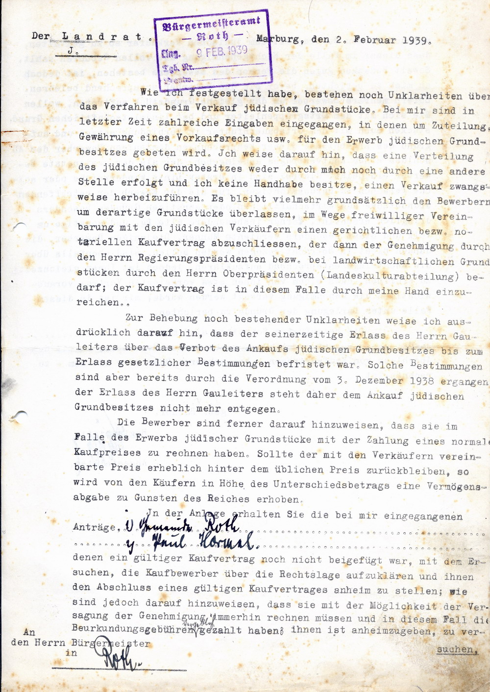 Der Landrat in Marburg an den Bürgermeister in Roth zum Verfahren beim Verkauf jüdischer Grundstücke unter Bezug auf den Kaufvertrag Paul Hormel - Konrad Eidam, 2. Februar 1939