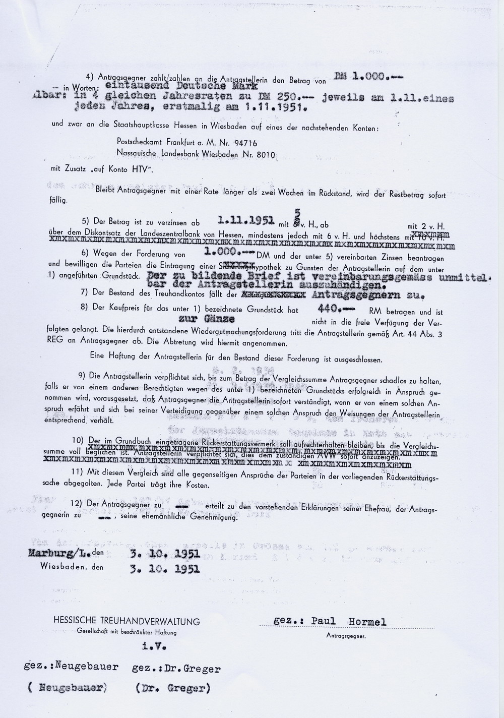 Vergleich zwischen Paul Hormel und Hermann Höchster betr. Kaufvertrag vom 8.2.1939 Grundstück der Synagoge Roth, Wiesbaden, 3. Oktober 1951
