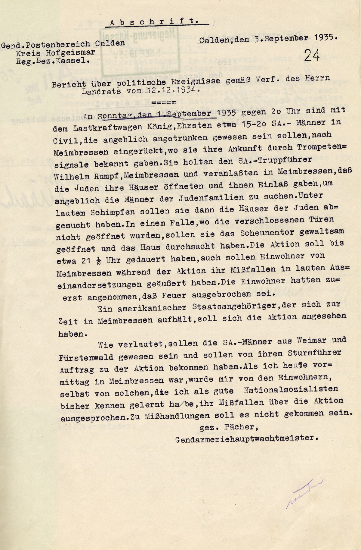 Gendarmeriehauptwachtmeister Pächer, Postenbereich Calden, an den Regierungspräsidenten in Kassel.  Bericht über SA-Übergriffe auf jüdische Bevölkerung in Meimbressen, am 01. September 1935. Calden, 03. September 1935