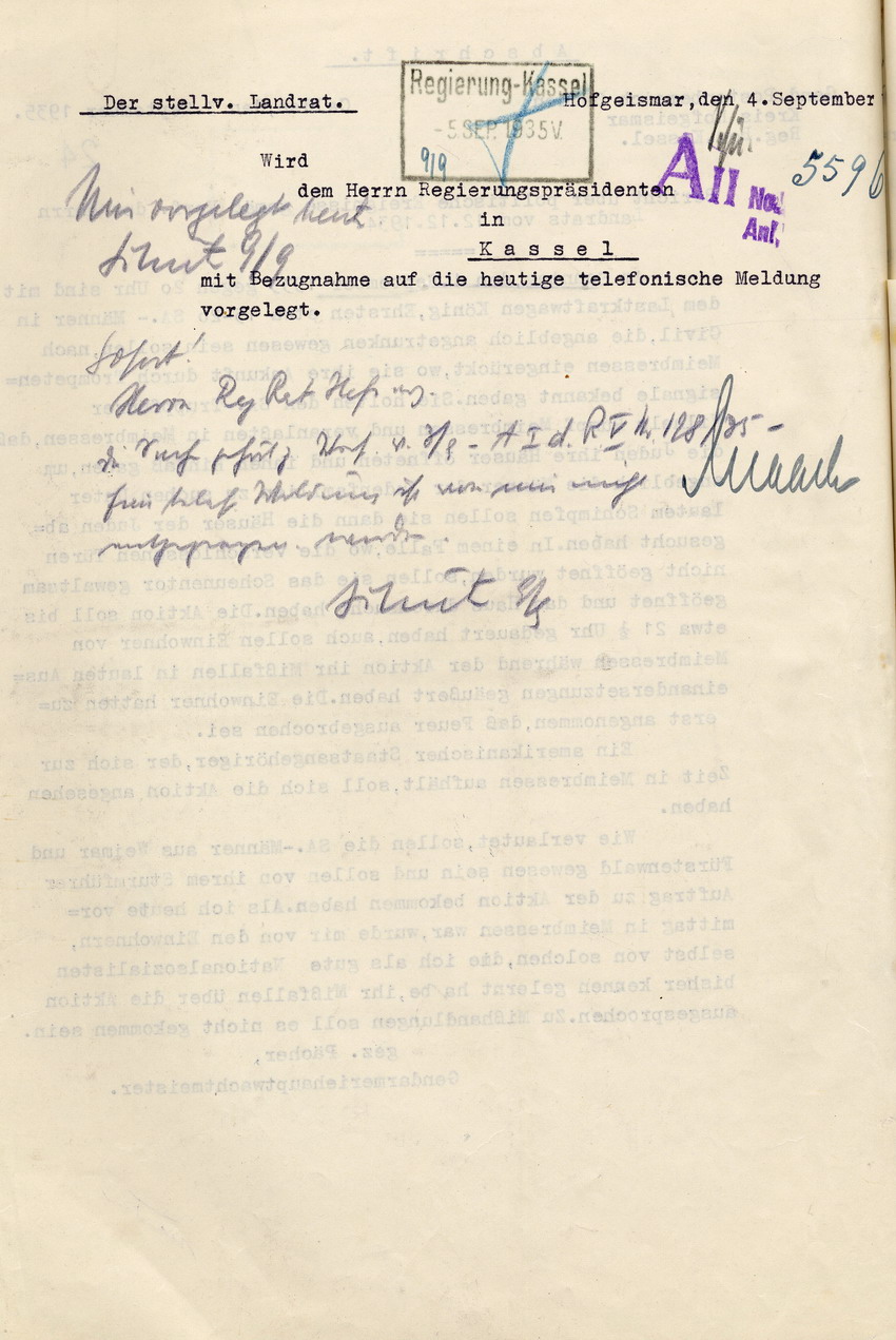 Gendarmeriehauptwachtmeister Pächer, Postenbereich Calden, an den Regierungspräsidenten in Kassel.  Bericht über SA-Übergriffe auf jüdische Bevölkerung in Meimbressen, am 01. September 1935. Calden, 03. September 1935