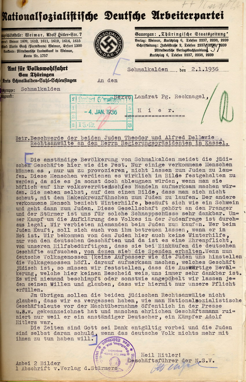 Geschäftsführer Nationalsozialistische Volkswohlfahrt der Ortsgruppe Schmalkalden an den Landrat und Parteigenossen Recknagel, betreffend angemahnter polizeilicher Einschreitung und Boykottbeendigung für jüdische Geschäfte. Schmalkalden, 02. Januar 1936