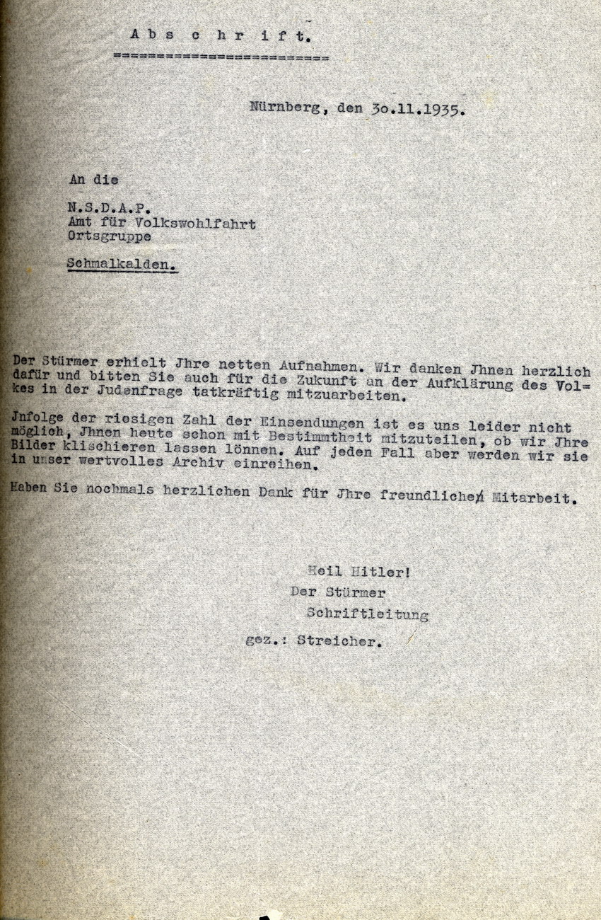 Geschäftsführer Nationalsozialistische Volkswohlfahrt der Ortsgruppe Schmalkalden an den Landrat und Parteigenossen Recknagel, betreffend angemahnter polizeilicher Einschreitung und Boykottbeendigung für jüdische Geschäfte. Schmalkalden, 02. Januar 1936