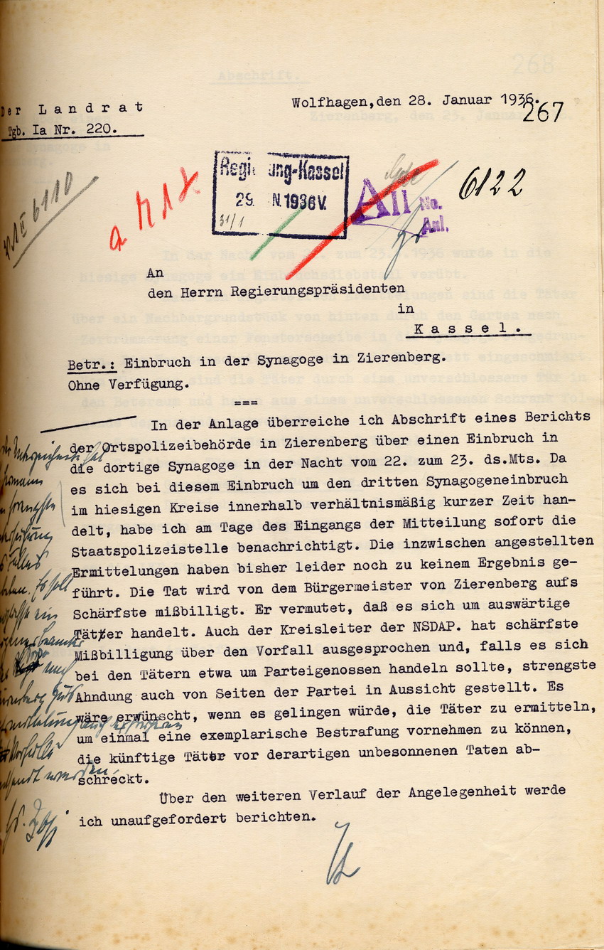 Der Landrat Wolfhagens unterrichtet dem Regierungspräsidenten in Kassel von vermehrten Einbrüchen und Diebstählen in jüdischen Synagogen und bittet um Bestrafung der Täter als Abschreckungsmaßnahme. Wolfhagen, 28. Januar 1936