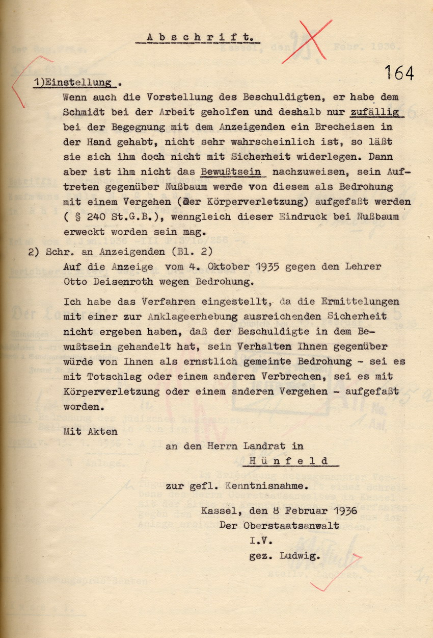 Schreiben der Oberstaatsanwaltschaft Kassel,. gez. Ludwig an den Landrat in Hünfeld betreffend die Einstellung des Verfahrens gegen Lehrer Deisenroth. Kassel, 08. Februar 1936