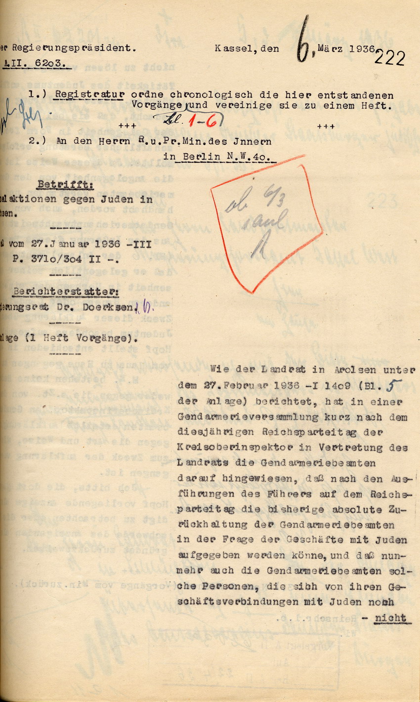 Regierungspräsident in Kassel an den Reichs- und Preußischen Minister des Inneren in Berlin, betreffend Aufklärungsverhalten der Bevölkerung in puncto "Juden-Boykott" durch Gendarmeriehauptwachtmeister Hopf. Kassel, 06. März 1936