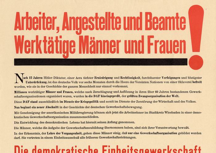 Anschlag: "Die demokratische Einheitsgewerkschaft" in Wiesbaden, Oktober 1945