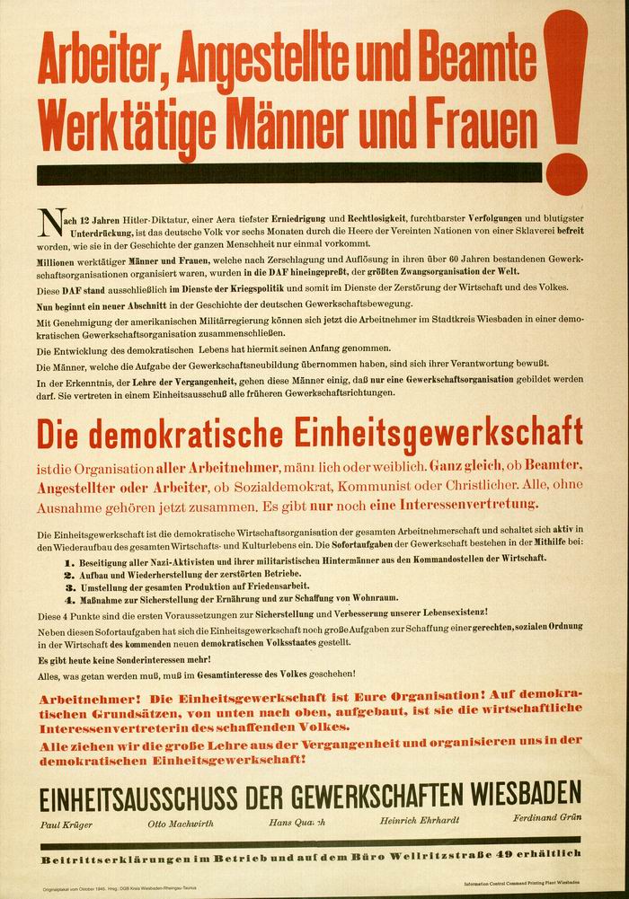 Anschlag: "Die demokratische Einheitsgewerkschaft" in Wiesbaden, Oktober 1945