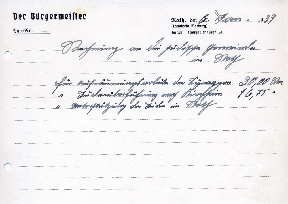 Rechnung für "Aufräumungskosten" der Synagoge Roth sowie Judenüberführungen nach Kirchhain vom 6. und 13. Januar 1939