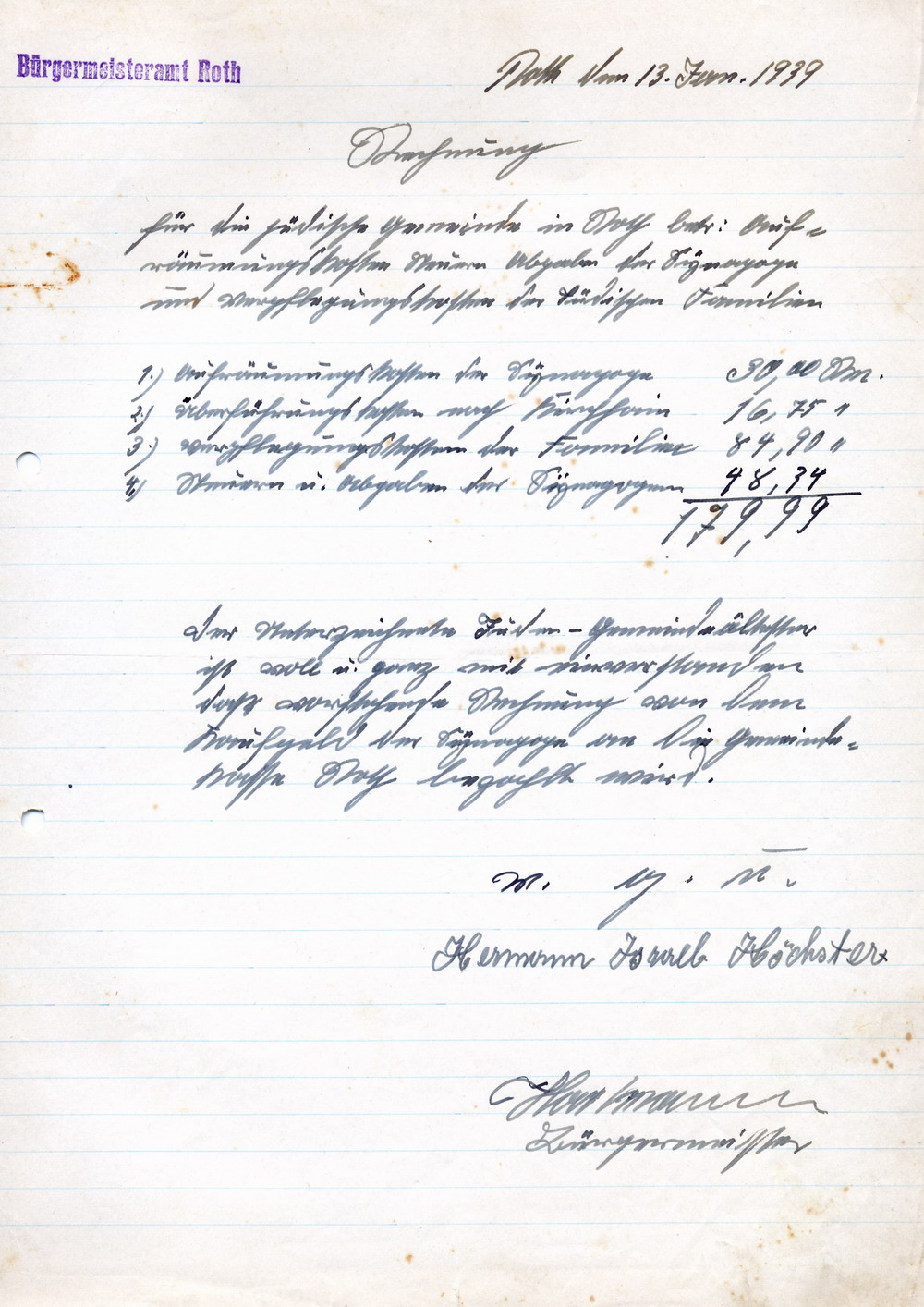 Rechnung für "Aufräumungskosten" der Synagoge Roth sowie Judenüberführungen nach Kirchhain vom 6. und 13. Januar 1939