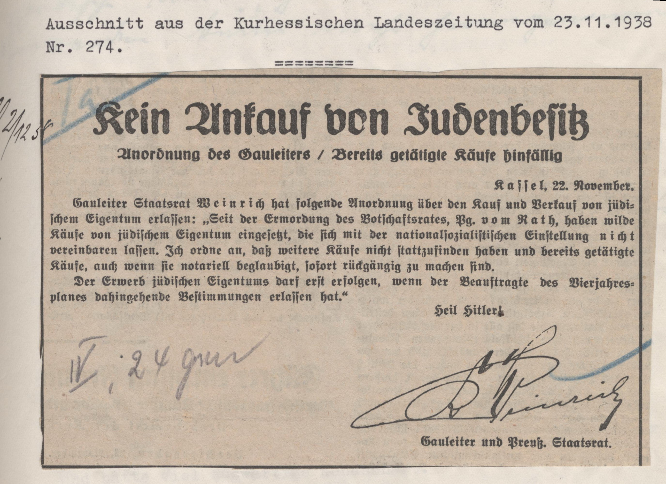Ausschnitt aus der Kurhessischen Landeszeitung mit der Anordnung zur Untersagung des "wilden Ankaufs von jüdischem Vermögens" durch Gauleiter Weinrich, vom 23. November 1938