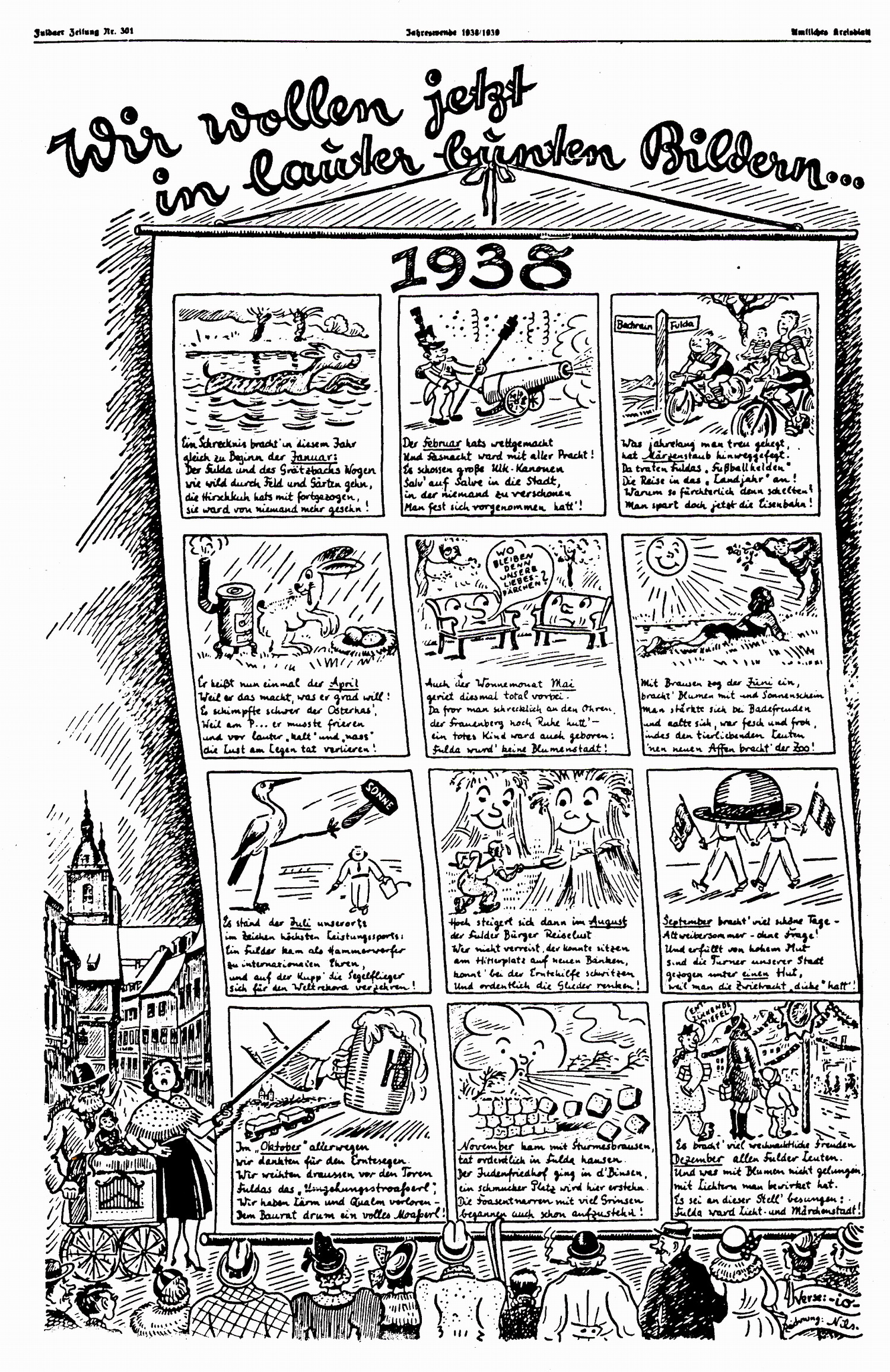 Karikaturen zum Jahresverlauf in der Fuldaer Zeitung vom 30. u. 31. Dezember 1938