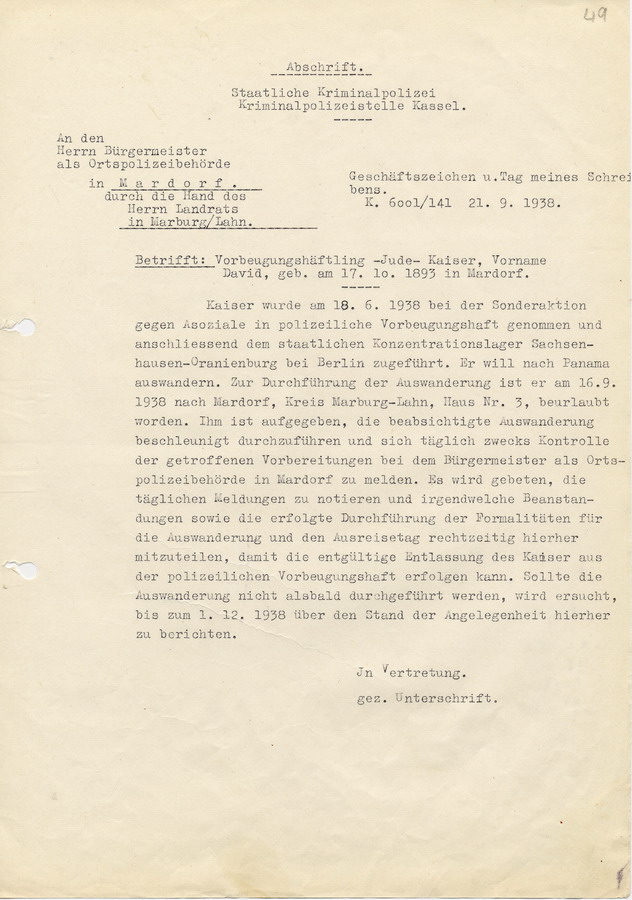 Schreiben der GeStaPo Kassel an den Bürgermeister in Mardorf.  Kaiser wurde inhaftiert und soll entlassen werden, 21. September 1938