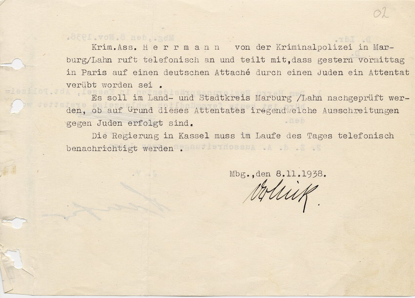 Notiz des Landrats in Marburg zu einem Gespräch mit Krim. A.. Herrmann. Anfrage zu möglichen Ausschreitungen in Marburg, 8. November 1938
