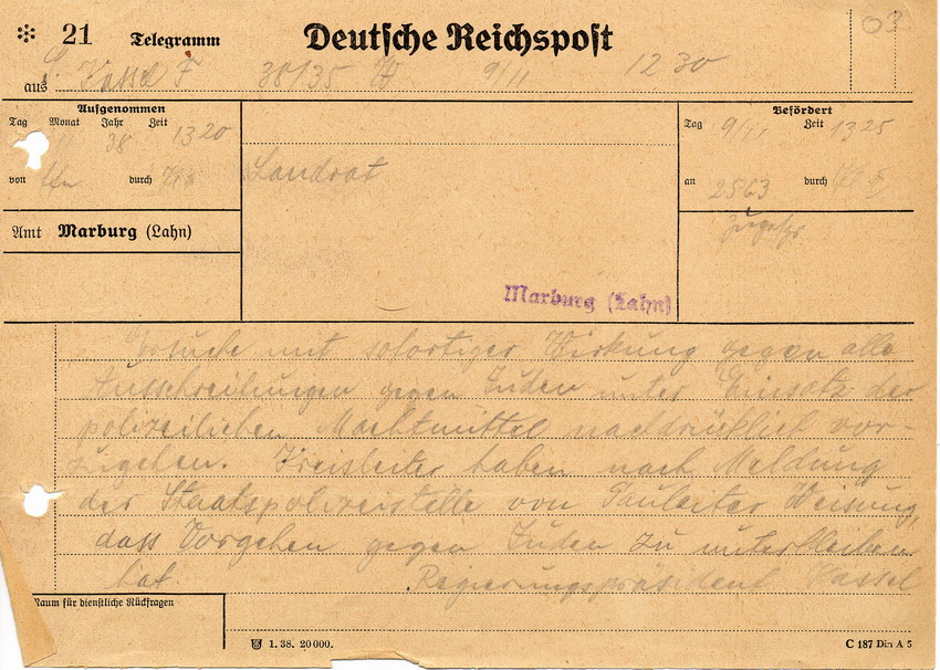 Telegramm des Regierungspräsidenten in Kassel an den Landrat in Marburg. Ausschreitungen gegen Juden sollen mit Hilfe der Polizei verhindert werden, 9. November 1938
