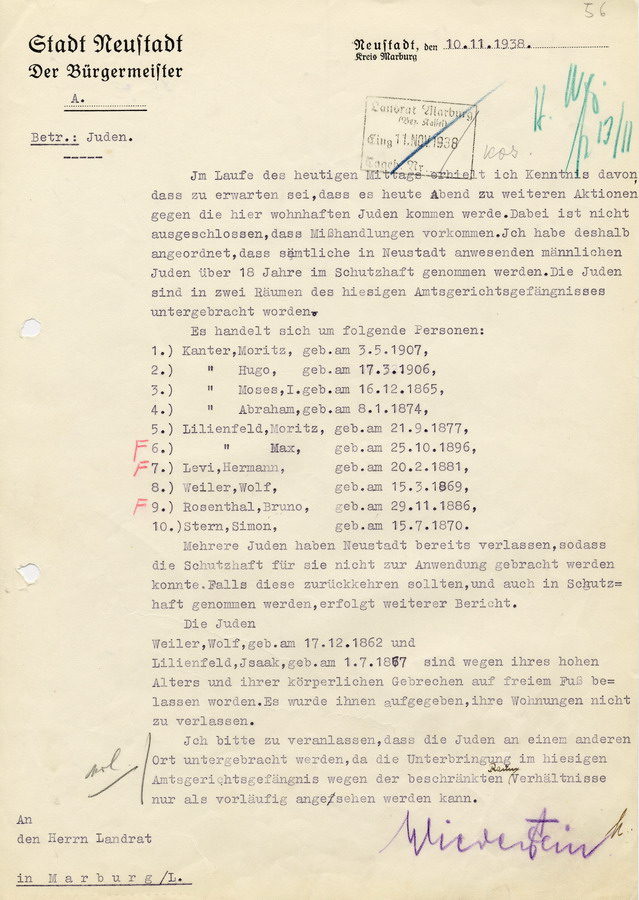 Nachricht des Bürgermeisters der Stadt Neustadt an den Landrat in Marburg. Inschutzhaftnahme männlicher Juden aufgrund erwarteter Ausschreitungen, 10. November 1938