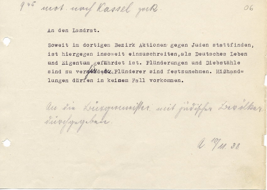 Telegramm des Regierungspräsidenten in Kassel an den Landrat in Marburg. In  "Aktionen" soll nur eingeschritten werden, wenn "deutsches Leben und Eigentum" gefährdet sind, 10. November 1938