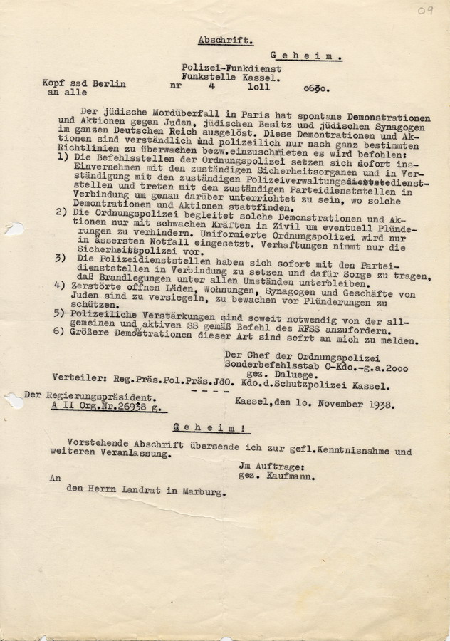 Abschrift eines Funkspruchs der GeStaPo Berlin, weitergeleitet an den Landrat in Marburg. Richtlinien zu Umgang mit den Juden während und nach den Ausschreitungen, 10. November 1938