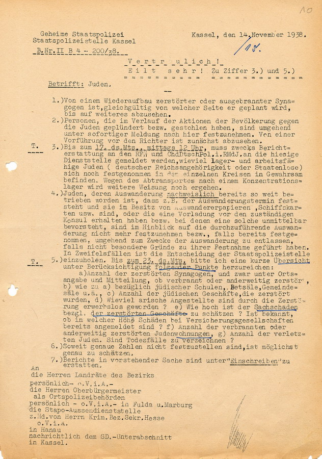 Schreiben der GeStaPo Kassel an Landräte, Oberbürgermeister und Polizei. Maßnahmen und Verhaltensrichtlinien nach den Ausschreitungen gegen Juden, 14. November 1938