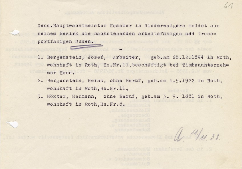 Meldung der arbeits- und transportfähigen Juden aus Niederwalgern, Gendarmeriehauptwachtmeister Kessler, Niederwalgern. 11. November 1938