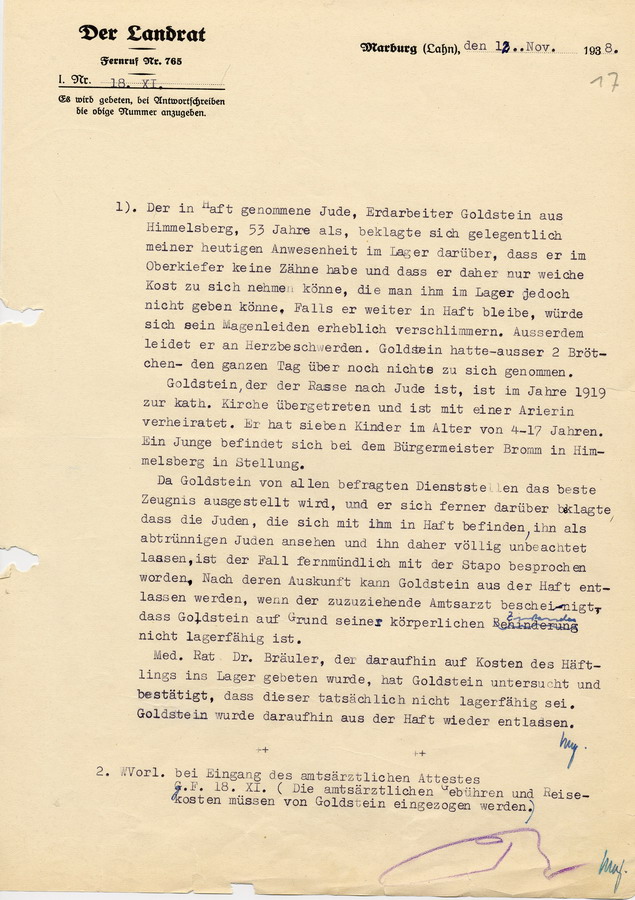 Bericht des Landrats in Marburg. Goldstein soll  aus der Lagerhaft entlassen werden, 12. November 1938