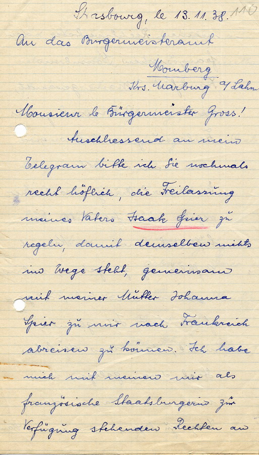 Brief von Käthe Grégrine geb. Spier an den Bürgermeister in Homberg. Bitte um Entlassung der Eltern zur Ausreise nach Frankreich, 13. November 1938