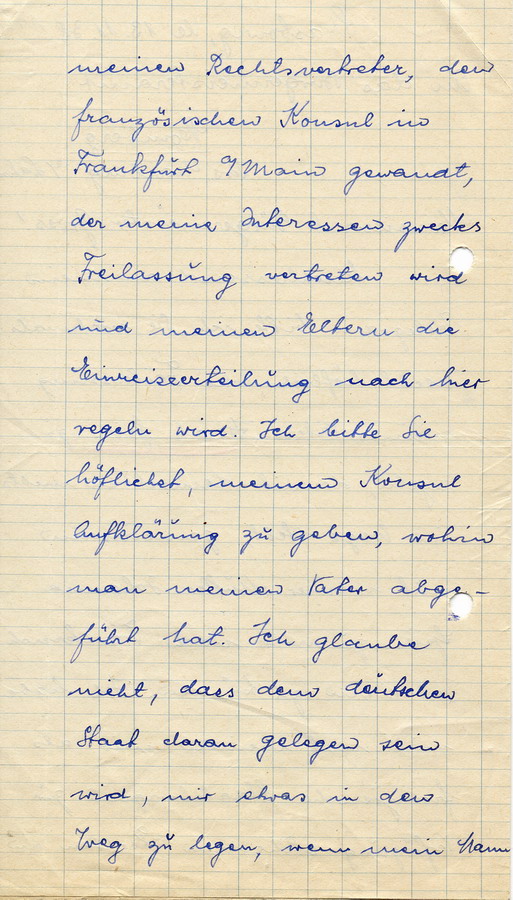 Brief von Käthe Grégrine geb. Spier an den Bürgermeister in Homberg. Bitte um Entlassung der Eltern zur Ausreise nach Frankreich, 13. November 1938