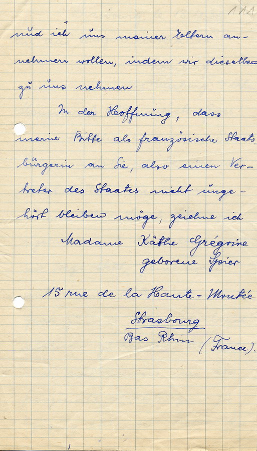 Brief von Käthe Grégrine geb. Spier an den Bürgermeister in Homberg. Bitte um Entlassung der Eltern zur Ausreise nach Frankreich, 13. November 1938