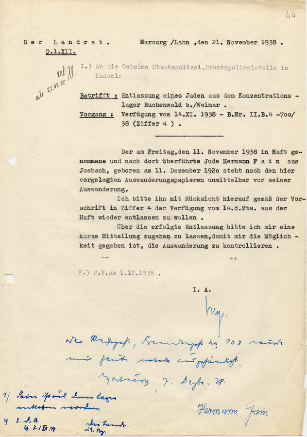 Schreiben des Landrats in Marburg an die GeStaPo in Kassel. Hermann Fain aus Josbach soll aus Buchenwald entlassen werden, 21. November 1938