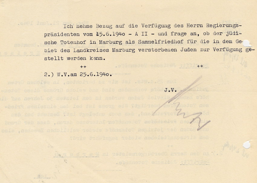 Der Landrat des Kreises Marburg an die Bürgermeister der Städte und die Gendarmeriebeamten des Kreises Marburg betr. die Erfassung und Verwendung jüdischer Totenhöfe, 21. Juni 1940.