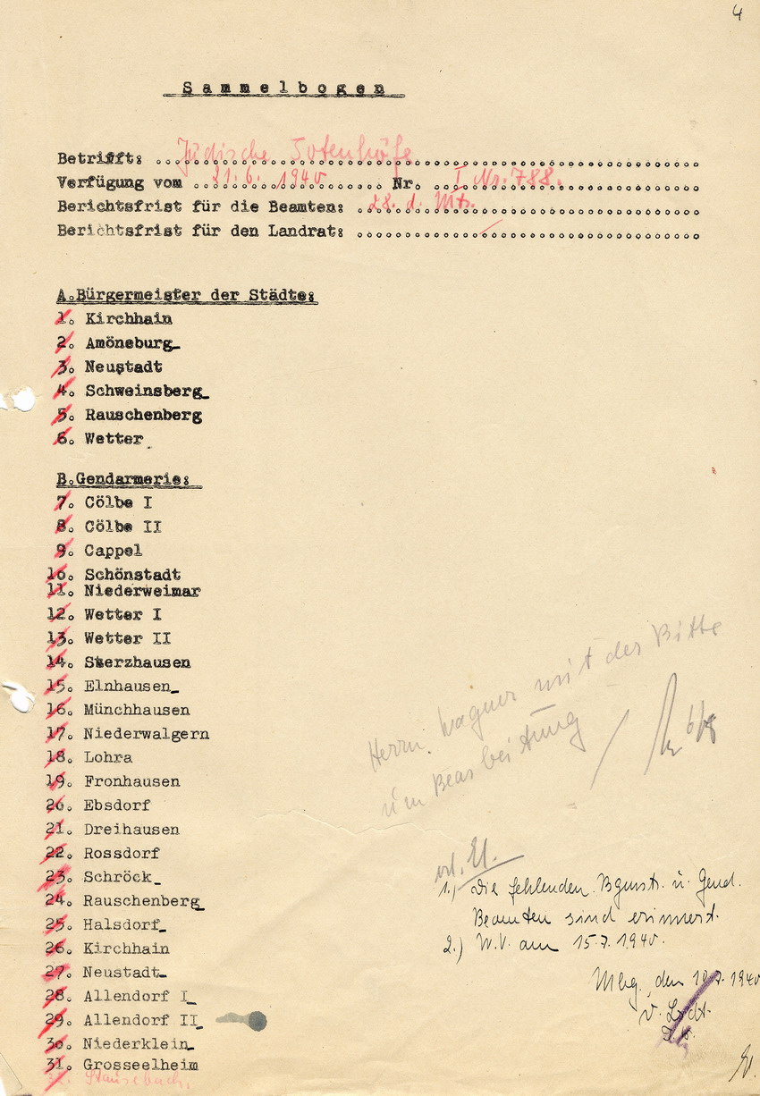 Der Landrat des Kreises Marburg an die Bürgermeister der Städte und die Gendarmeriebeamten des Kreises Marburg betr. die Erfassung und Verwendung jüdischer Totenhöfe, 21. Juni 1940.