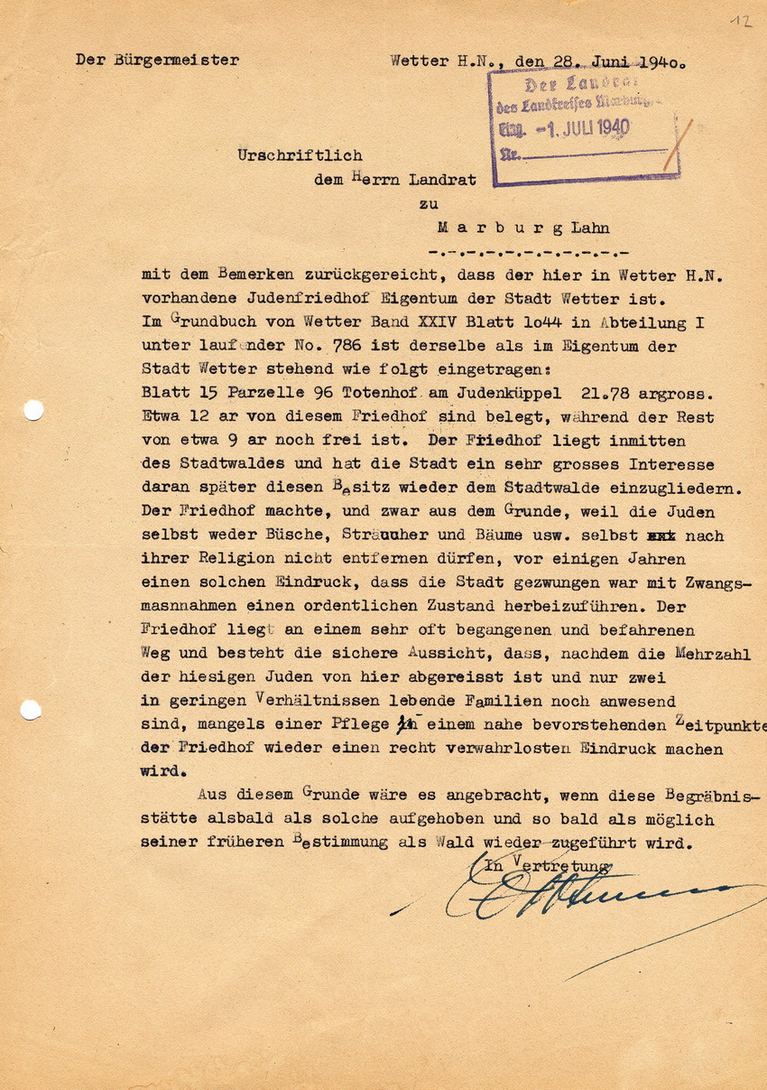 Antwortschreiben des Bürgermeister der Stadt Wetter an den Landrat des LK Marburg betr. die Existenz und Verwendung des jüdischen Totenhofes in Wetter, 28. Juni 1940.