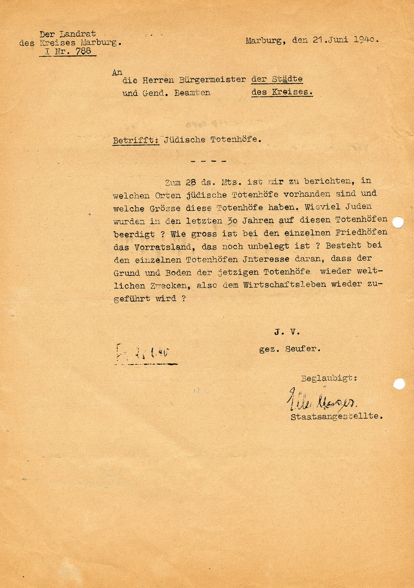 Antwortschreiben des Bürgermeister der Stadt Wetter an den Landrat des LK Marburg betr. die Existenz und Verwendung des jüdischen Totenhofes in Wetter, 28. Juni 1940.