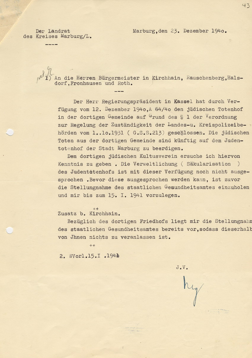 Schreiben des Regierungspräsidenten in Kassel an den Landrat in Marburg betreffend die endgültige Schließung und Säkularisation der Totenhöfe in Kirchhain, Rauschenberg, Halsdorf, Fronhausen und Roth, 12. Dezember 1940.