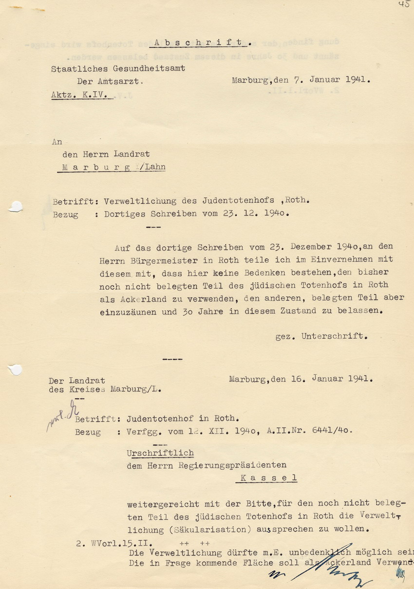 Schreiben des Landrates des Kreises Marburg an den Regierungspräsidenten in Kassel mit der Stellungnahme des Staatlichen Gesundheitsamtes zur wirtschaftlichen Verwendung des Totenhofes in Roth, 16. Januar 1941.