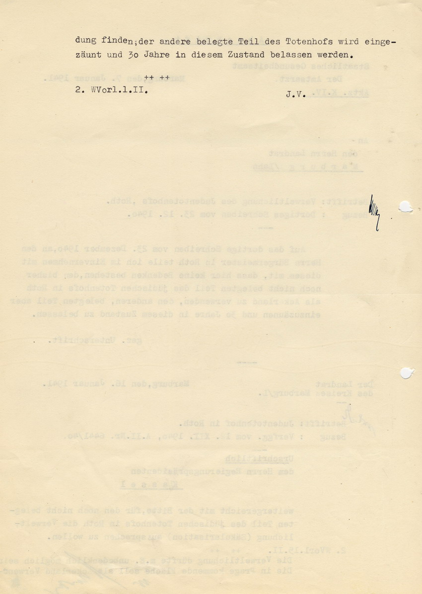 Schreiben des Landrates des Kreises Marburg an den Regierungspräsidenten in Kassel mit der Stellungnahme des Staatlichen Gesundheitsamtes zur wirtschaftlichen Verwendung des Totenhofes in Roth, 16. Januar 1941.