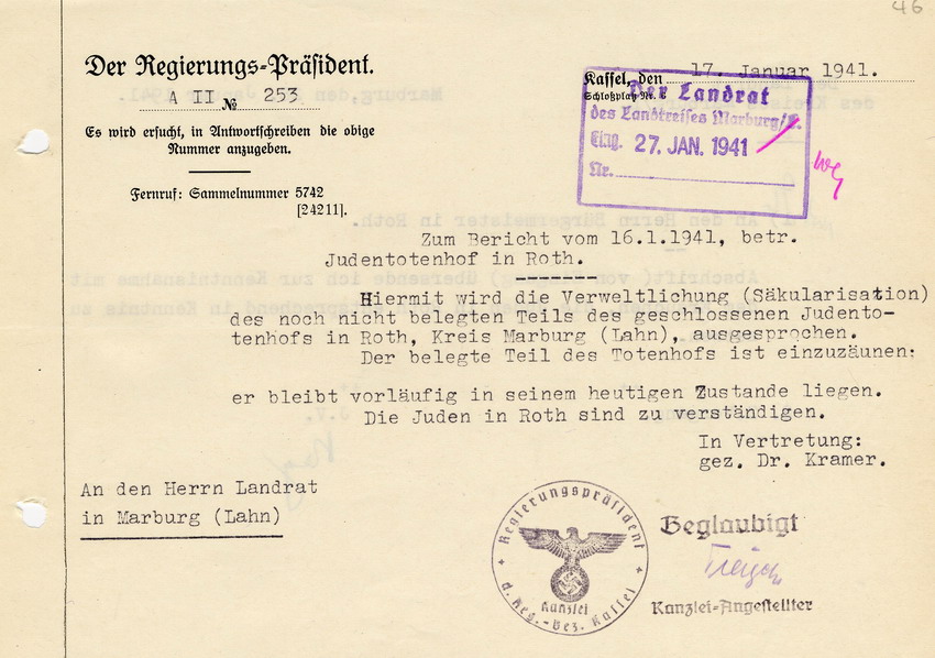 Schreiben des Regierungspräsidenten in Kassel an den Landrat in Marburg betr. die Freigabe des Totenhofes in Roth für wirtschaftliche Zwecke, 17. Januar 1941.