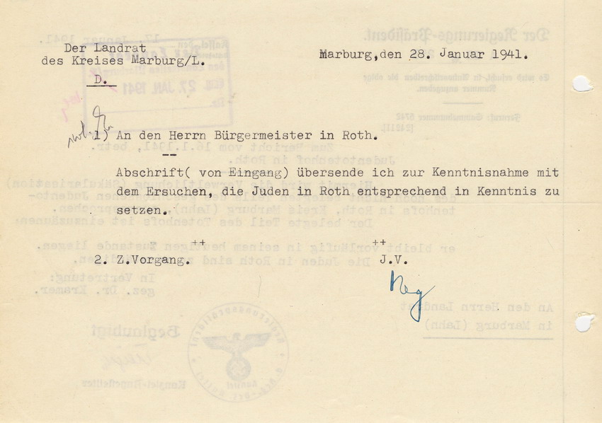 Schreiben des Regierungspräsidenten in Kassel an den Landrat in Marburg betr. die Freigabe des Totenhofes in Roth für wirtschaftliche Zwecke, 17. Januar 1941.