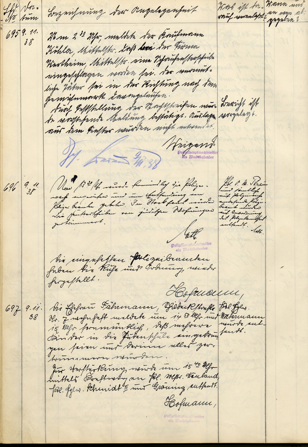 Polizeibuch der Stadt Fulda mit Eintragung der polizeilichen Tätigkeiten in den Tagen des Novemberpogroms 1938,  vom 7. - 12. November 1938