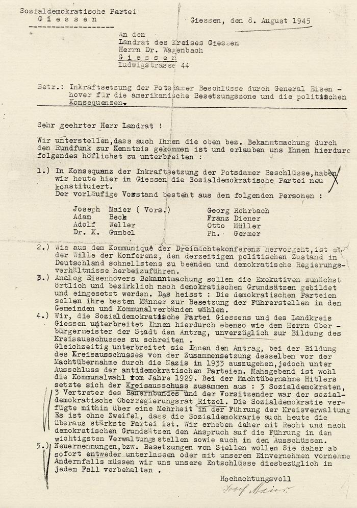 Schreiben: der SPD Gießen vom 8. August 1945 an den Landrat über ihre Neukonstituierung