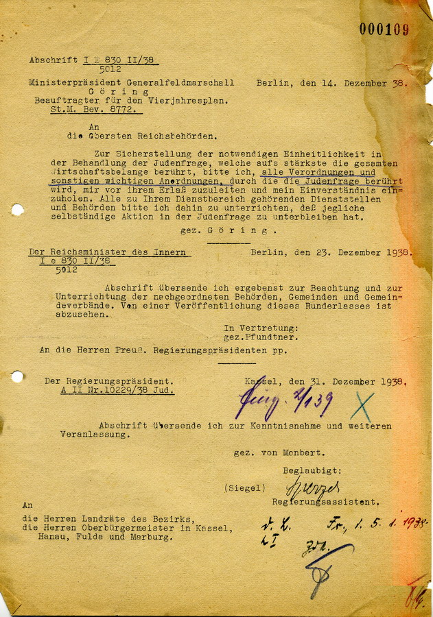 Schreiben des Ministerpräsidents Generalfeldmarschall Göring an die obersten Reichsbehörden.Selbstständige Aktionen gegen Juden sollen unterlassen werden, 14. Dezember 1938