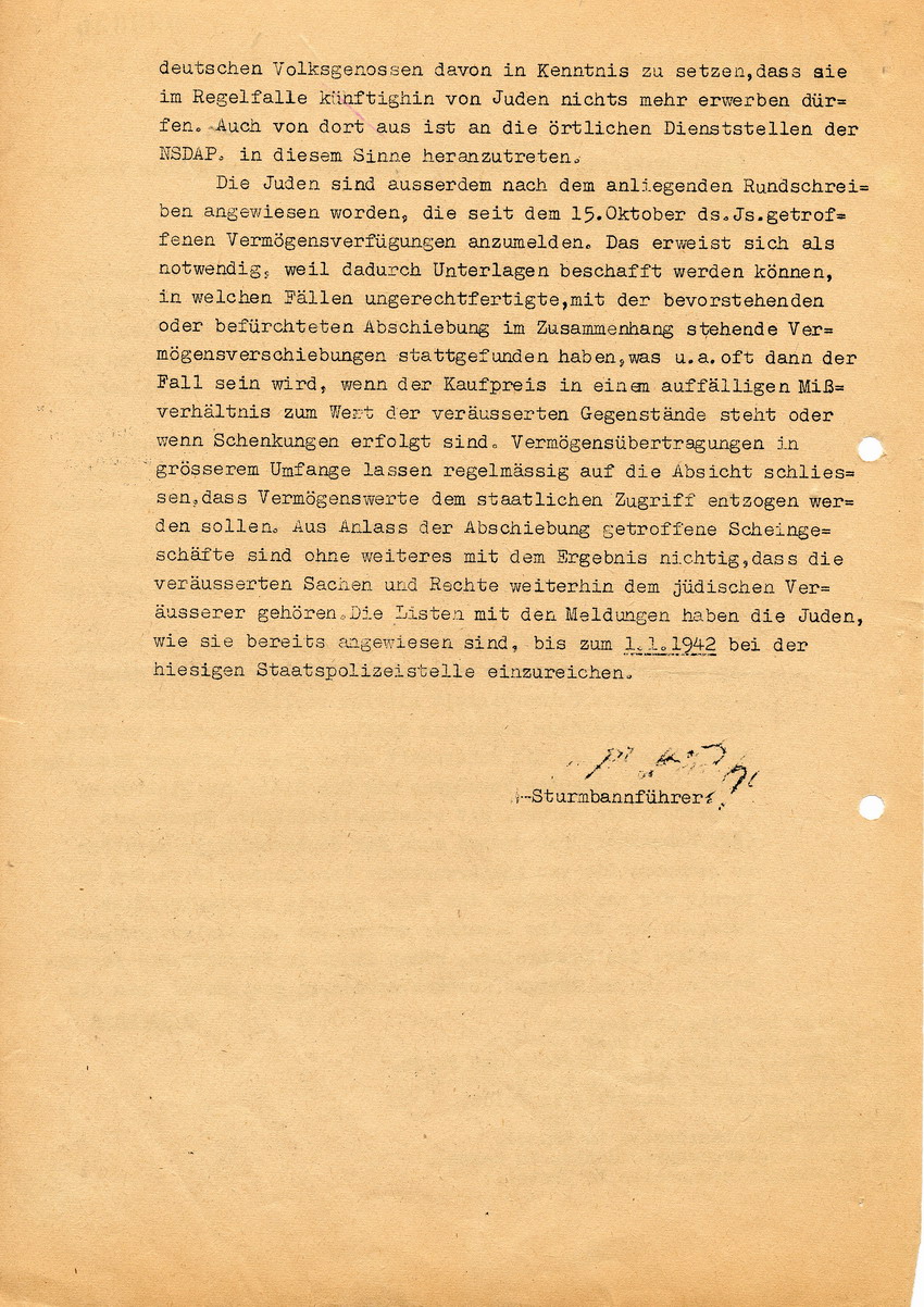 Schreiben der Staatspolizeistelle in Kassel betreffend "Verfügungsbeschränkungen über das bewegliche jüdische Vermögen", 17. Dezember 1941.