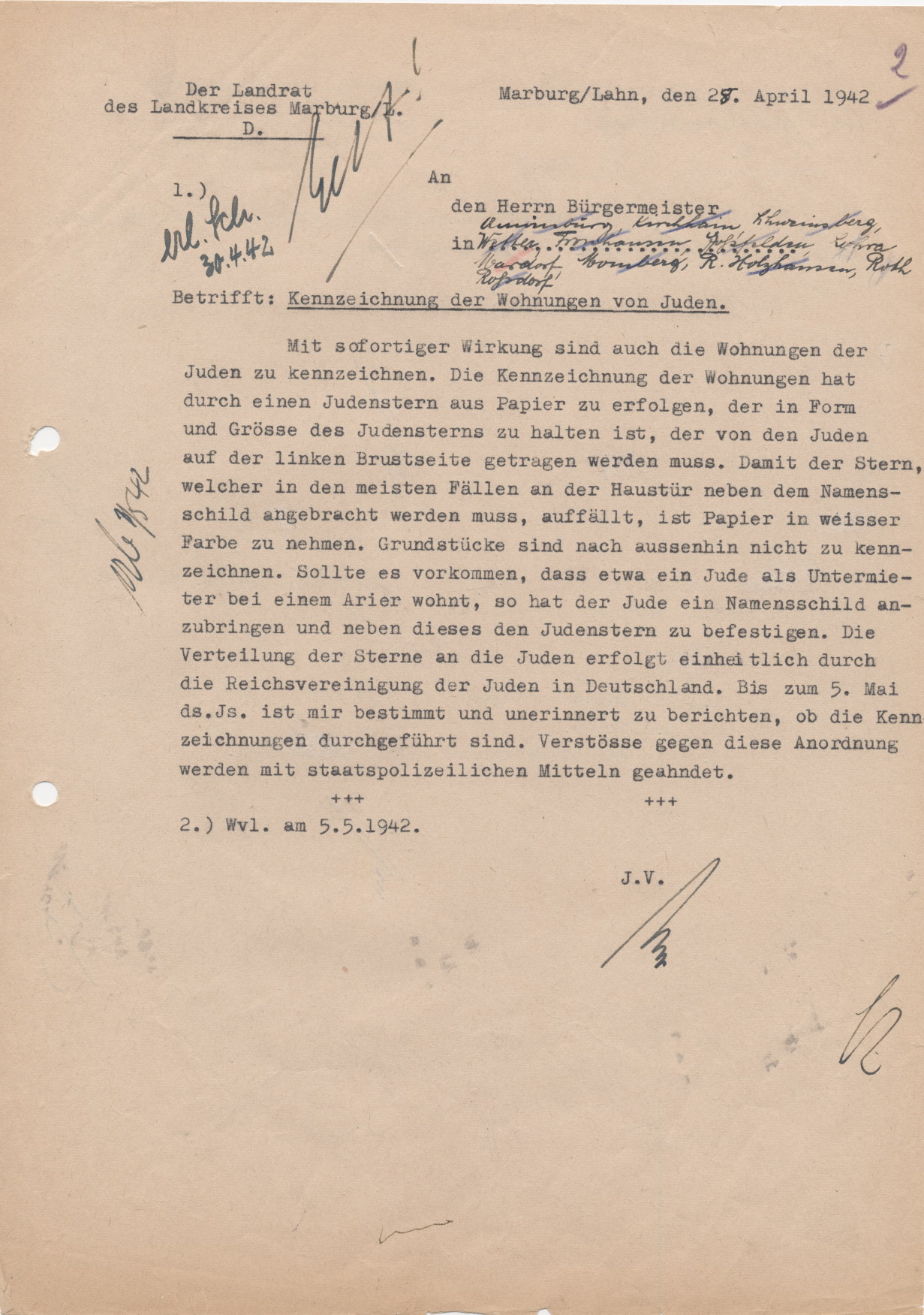 Schreiben des Marburger Landrates an die Bürgermeister des Kreises, betreffend der Kennzeichnungspflicht von Judenwohnungen, Marburg 25.04.1942