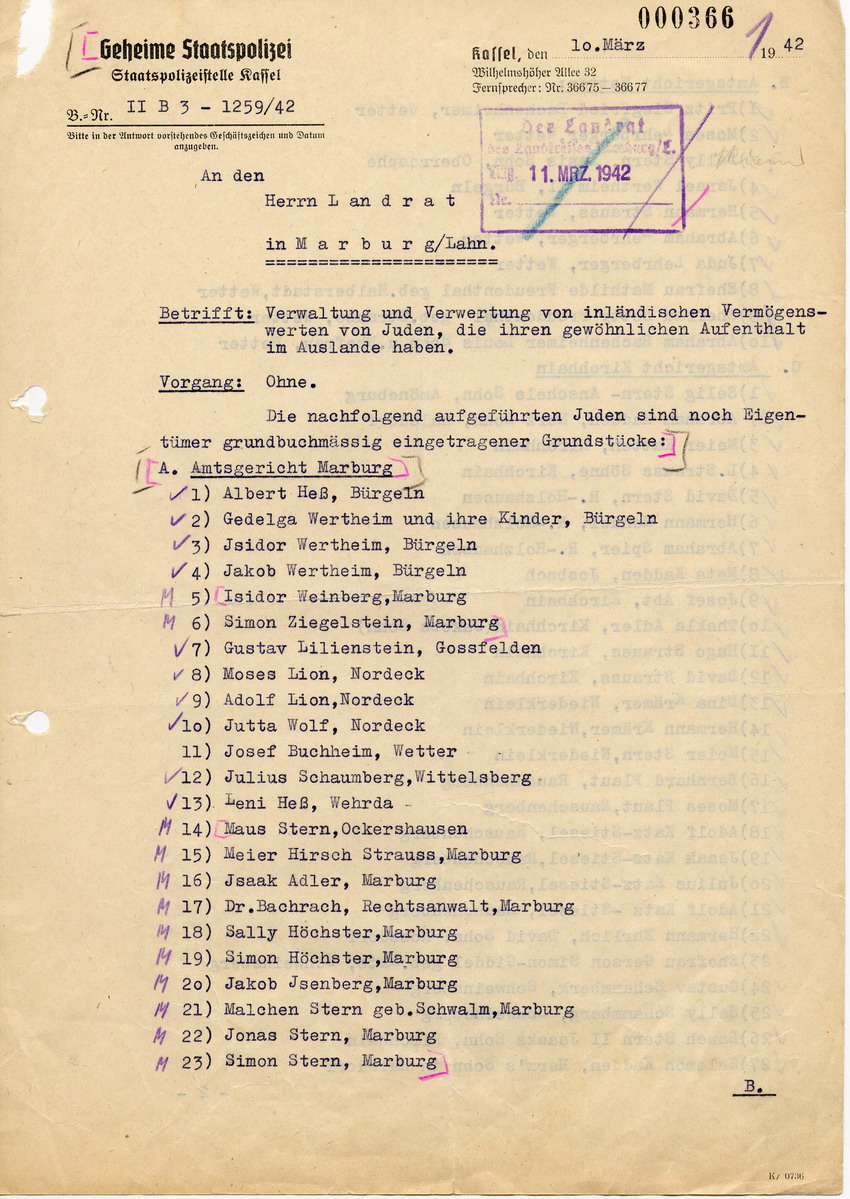Verfügung der Staatspolizeistelle in Kassel betreffend Eigentum in jüdischem Besitz, 10. März 1942.