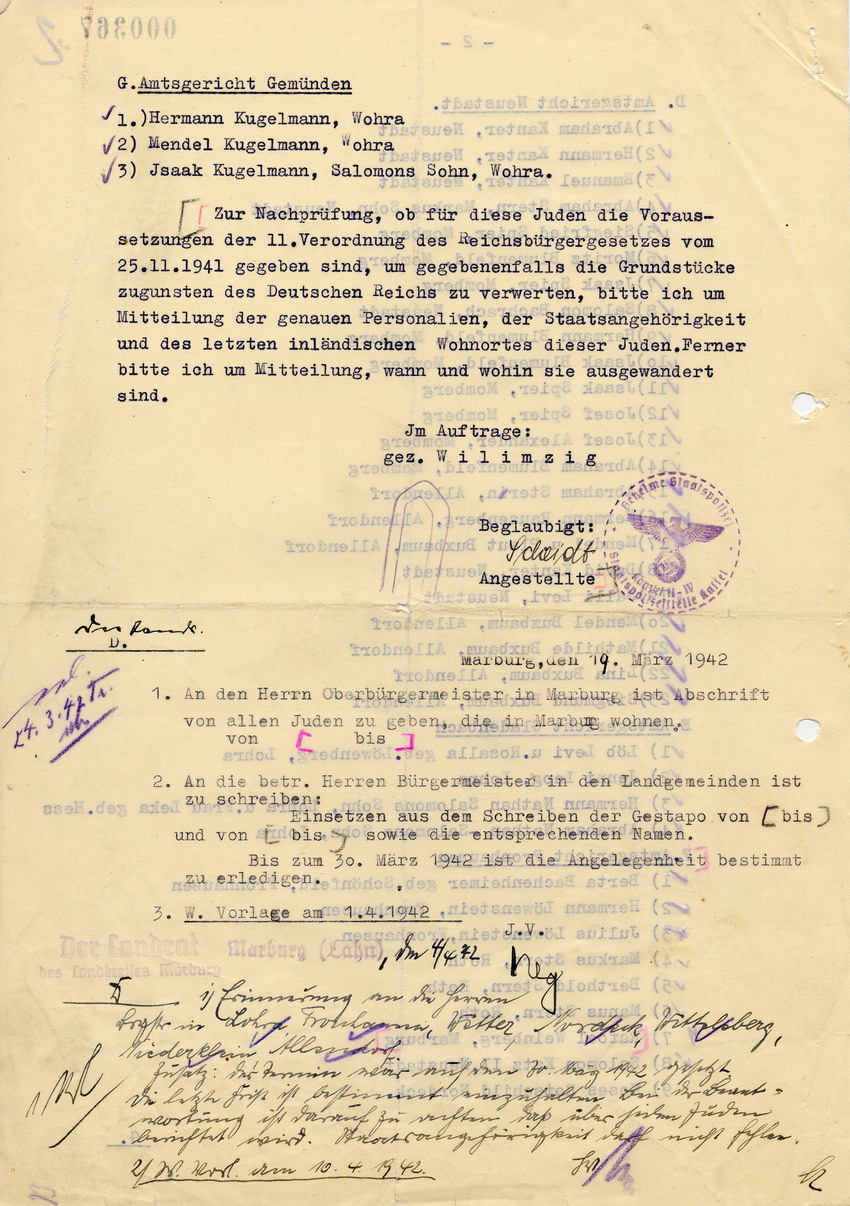 Verfügung der Staatspolizeistelle in Kassel betreffend Eigentum in jüdischem Besitz, 10. März 1942.