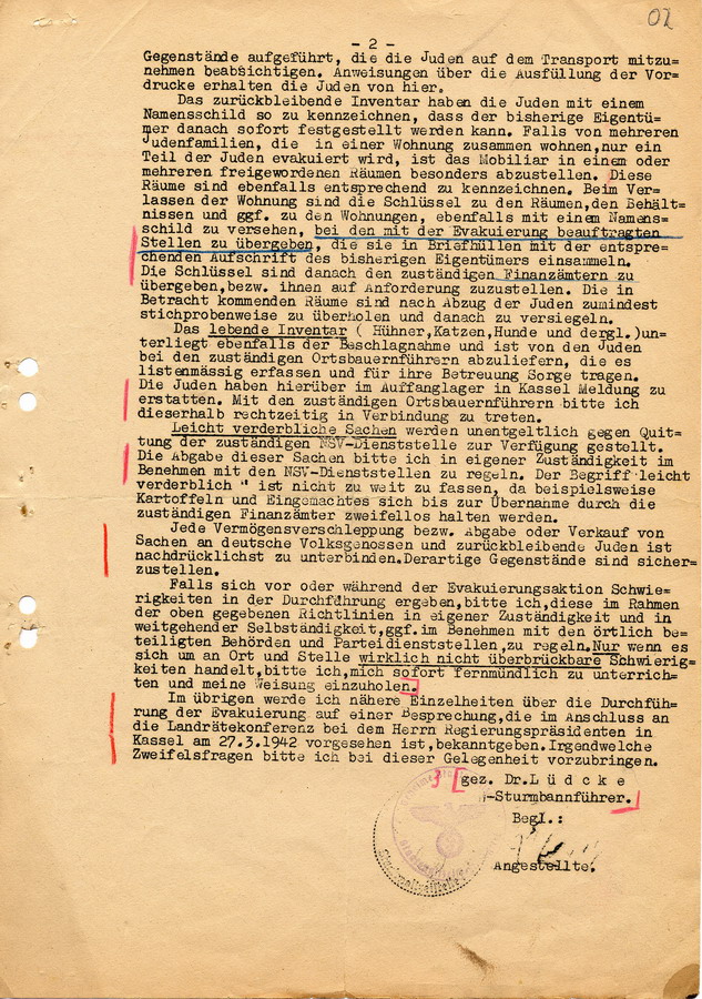 Geheimes Schreiben der GeStaPo Kassel an Landräte, Bürgermeister und Polizei. Vorbereitung der Deportation, 20. März 1942