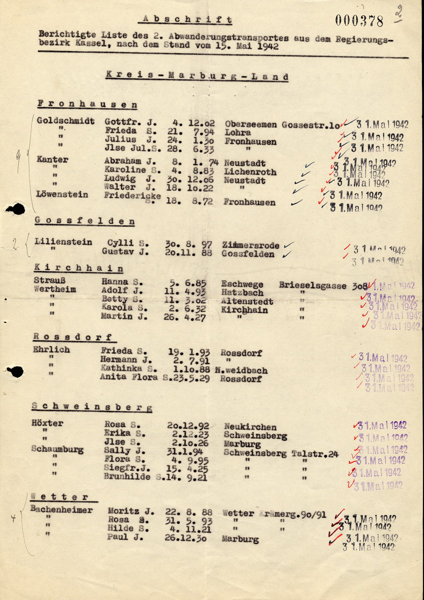 Liste betreffend Deportation am 31. Mai 1942 aus dem Kreis Marburg, 15. Mai 1942-31. Mai 1942.