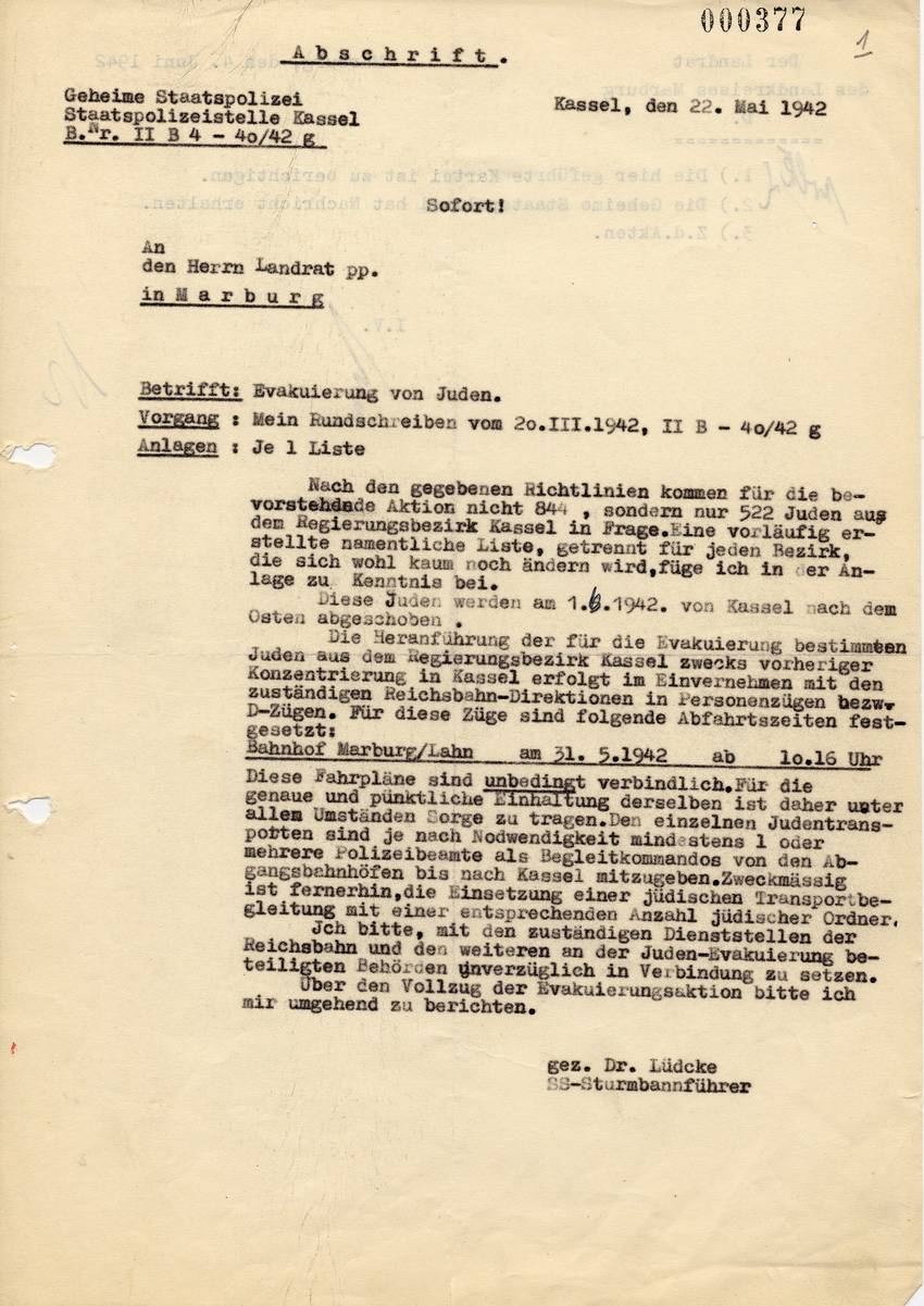Schreiben des SS-Sturmbannführer Lüdcke der Staatspolizeistelle in Kassel an den Landrat in Marburg pp. betreffend Deportation am 31. Mai 1942, 22. Mai 1942.