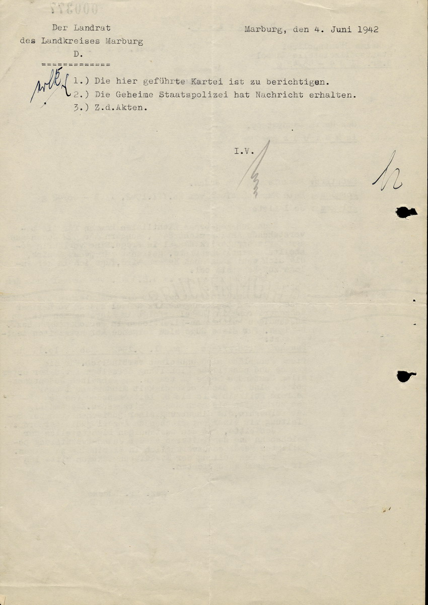 Schreiben des SS-Sturmbannführer Lüdcke der Staatspolizeistelle in Kassel an den Landrat in Marburg pp. betreffend Deportation am 31. Mai 1942, 22. Mai 1942.